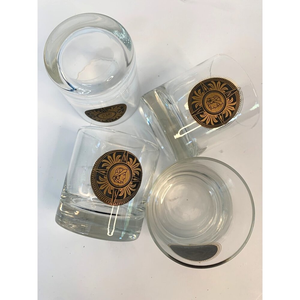 Set Of 4 Vintage Nautical Mid-Century Lowball Glasses Rocks Barware Compass